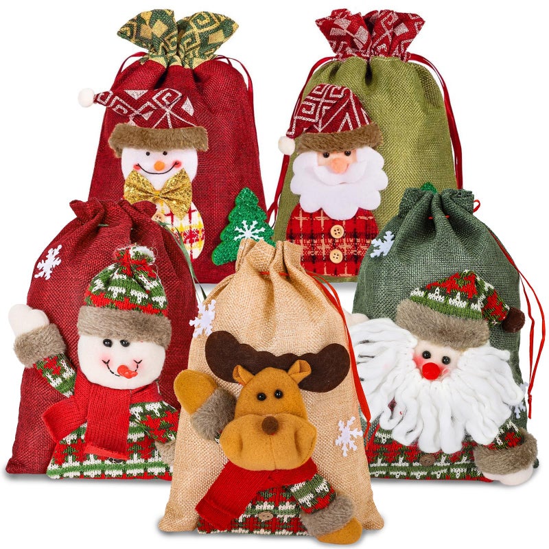 Whaline Drawstring Christmas Doll Bags 3D Xmas Gift Bags Snowman Red Treat Pouch Bag Sack Stockings Party Favor Bag 8 x 11in 8 x 12in 5 Pack